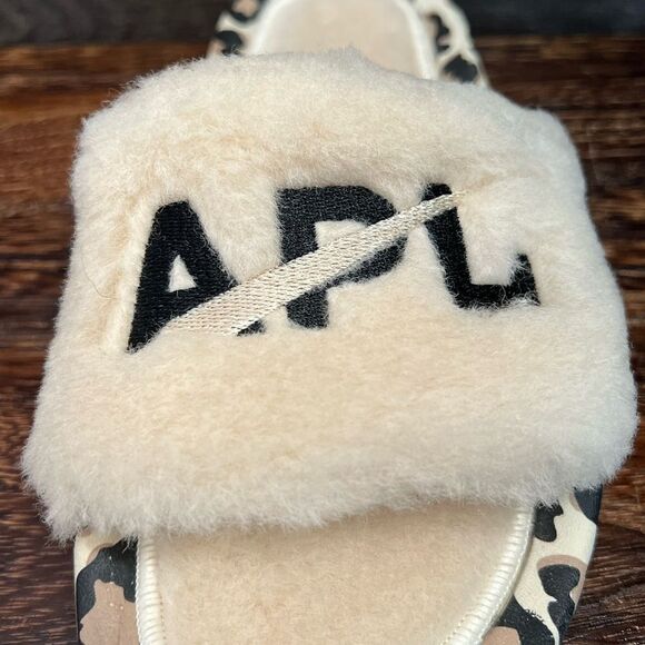 APL Women’s Shearling Slide Sandal in Parchment/Black/Leopard. 🖤🤍🤎 Size 6. NI - Picture 10 of 16